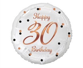 Balon foliowy B amp;C Happy 30 Birthday, biały, nadruk różowo-złoty, 18