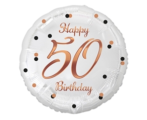 Balon foliowy B amp;C Happy 50 Birthday, biały, nadruk różowo-złoty, 18