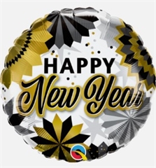 Balon foliowy 18   QL RND   Happy New Year   (złoto-czarne rozety)