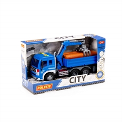 City, samochód burtowy z podnośnikiem inercyjny (ze światłem i dźwiękiem) (niebieski) (w pudełku)