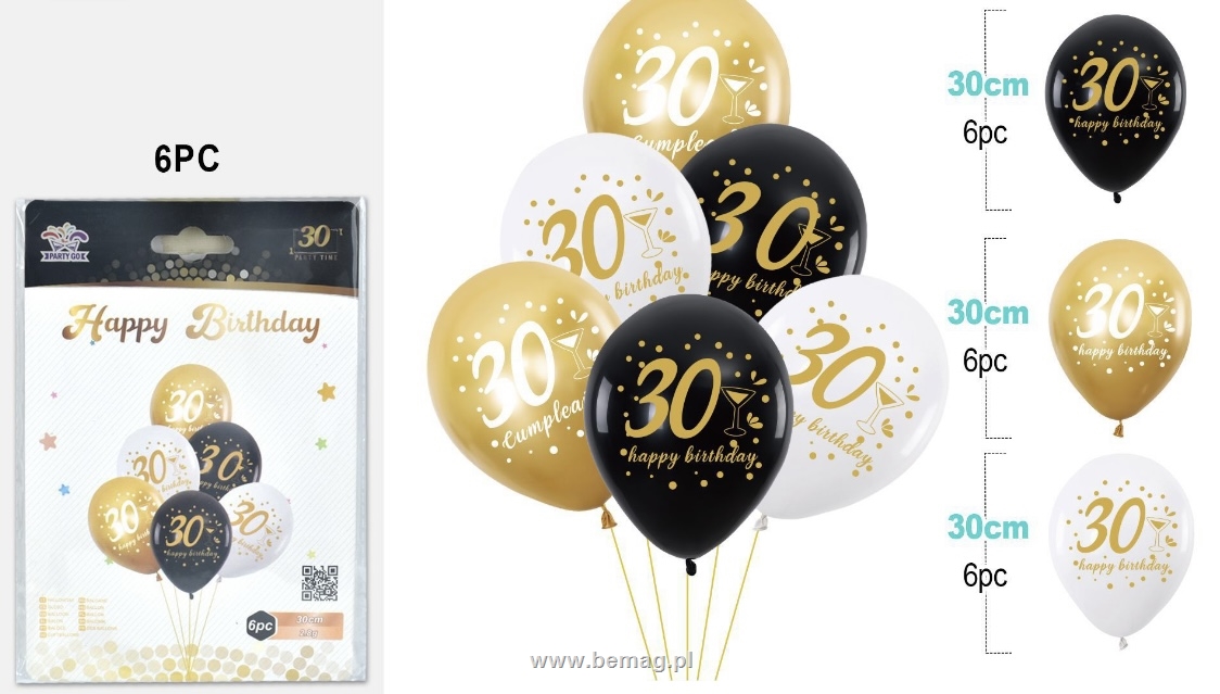 Balony urodzinowe gumowe 30cm 6szt (czarne,białe,złote) na 30 urodziny FA1263