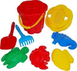 Zestaw Nr307: wiaderko-kwiatek średnie Nr3, sito-kwiatek średnie Nr3, łopatka Nr5, grabki Nr5, foremki (krab Nr2 + żółw