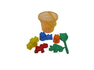 Zestaw Nr325: wiaderko Maxi, łopata Nr6, foremki (mamut + dinozaur Nr1 + zamek most + zamek wieża + zamek ściana z jedną