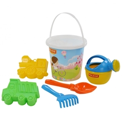 Zestaw Nr314: wiaderko z nalepką, łopatka Nr5, grabki Nr5, foremki (wywrotka + lokomotywa), konewka mała Nr4