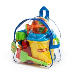 Zestaw Nr168 (w plecaku): wiaderko-kwiatek duże, sito-kwiatek duże, łopatka Nr5, grabki Nr5, foremki (wiewiórka + piesek