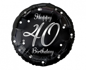 Balon foliowy Happy 40 Birthday, czarny, nadruk srebrny, 18