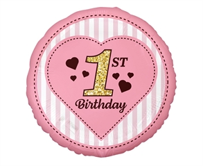 Balon foliowy 1st Birthday, różowy 18cal