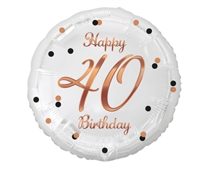 Balon foliowy B amp;C Happy 40 Birthday, biały, nadruk różowo-złoty, 18