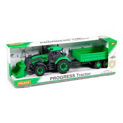 Traktor-ładowarka   Progress   inercyjny z przyczepą burtową (zielony) (w pudełku)