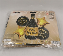 Zestaw balonów foliowych sylewstrowych Happy New Year 5szt (szampan, 2 okrągłe, 2 gwiazdki)