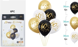 Balony urodzinowe gumowe 30cm 6szt (czarne,białe,złote) na 60 urodziny FA1266
