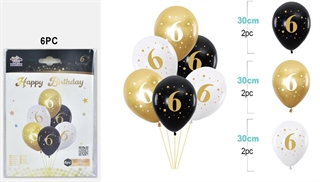 Balony urodzinowe gumowe 30cm 6szt (czarne,białe,złote) z cyfrą 6 FA1247
