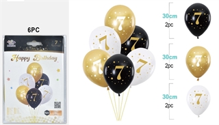 Balony urodzinowe gumowe 30cm 6szt (czarne,białe,złote) z cyfrą 7 FA1248
