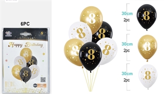 Balony urodzinowe gumowe 30cm 6szt (czarne,białe,złote) z cyfrą 8 FA1249