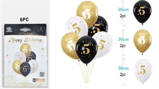 Balony urodzinowe gumowe 30cm 6szt (czarne,białe,złote) z cyfrą 5 FA1246