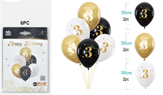 Balony urodzinowe gumowe 30cm 6szt (czarne,białe,złote) z cyfrą 3 FA1244