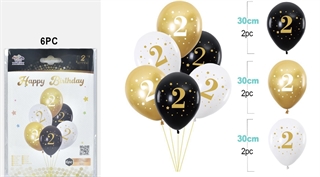 Balony urodzinowe gumowe 30cm 6szt (czarne,białe,złote) z cyfrą 2 FA1243