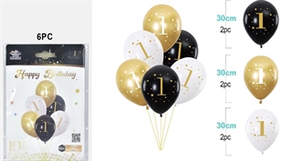 Balony urodzinowe gumowe 30cm 6szt (czarne,białe,złote) z cyfrą 1 FA1242