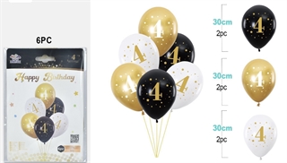 Balony urodzinowe gumowe 30cm 6szt (czarne,białe,złote) z cyfrą 4 FA1245