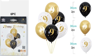 Balony urodzinowe gumowe 30cm 6szt (czarne,białe,złote) z cyfrą 9 FA1250