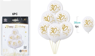Balony gumowe 30cm 6szt na 30 urodziny białe FA1258
