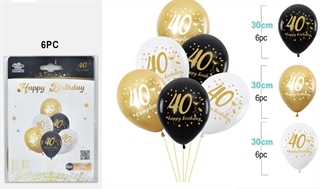 Balony urodzinowe gumowe 30cm 6szt (czarne,białe,złote) na 40 urodziny FA1264