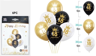 Balony urodzinowe gumowe 30cm 6szt (czarne,białe,złote) na 18 urodziny FA1262