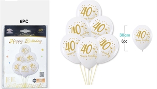 Balony gumowe 30cm 6szt na 40 urodziny białe FA1259