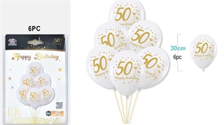 Balony gumowe 30cm 6 szt na 50 urodziny białe FA1260