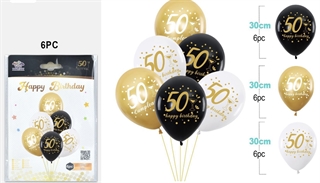 Balony urodzinowe gumowe 30cm 6szt (czarne,białe,złote) na 50 urodziny FA1265