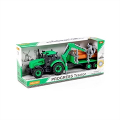 Traktor Progress inercyjny z podnośnikiem i przyczepą do przewozu dłużycy (zielony) (w pudełku)