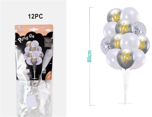 Stojak do balonów z balonami 12szt 18urodziny srebrne i białe BF0024