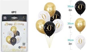 Balony urodzinowe gumowe 30cm 6szt (czarne,białe,złote) z cyfrą 0 FA1241