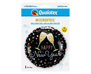 Balon foliowy 18   QL RND   Happy New Year   (kolorowe kropki i złote kie