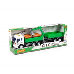 City, samochód burtowy z podnośnikiem i przyczepą inercyjny (ze światłem i dźwiękiem) (zielony) (w pudełku)