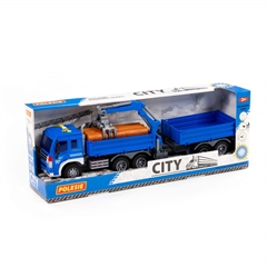 City, samochód burtowy z podnośnikiem i przyczepą inercyjny (ze światłem i dźwiękiem) (niebieski) (w pudełku)