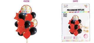 Zestaw balonów urodzinowych Happy Birthday czarno-czerwone (2 gwiazdki,2 okrągłe,12 gumowych) FB0562