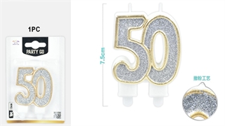 Świeczka na 50 urodziny srebrna z brokatem w złotej otoczce EC0155