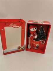 S.CENA Zestaw prezentowy świąteczny kubek z łyżeczką, figurka bałwanek+choinka świecąca w torebce A5399