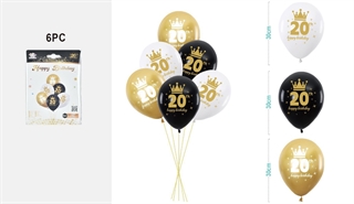 Zestaw balonów z liczbami 20 biało-czarne-złote 30cm 6szt FA1396