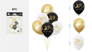 Zestaw balonów z liczbami 20 biało-złoto-czarne 30cm 6szt FA1397