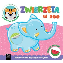 -Zwierzęta w zoo. Kolorowanka z grubym obrysem, okrągłe naklejki, papierowa zabawka