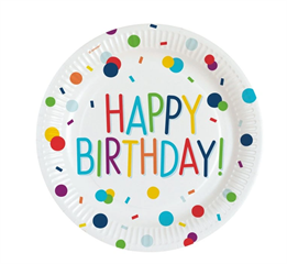 Talerzyki Urodzinowe Konfetti 23cm / 8szt. Happy Birthday