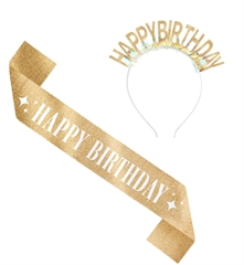 Szarfa i opaska urodzinowa Happy Birthday złota - zestaw 168134