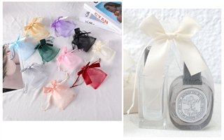 Woreczek na biżuterię, upominek 12x9 cm BEŻ z kokardą WRY-115M