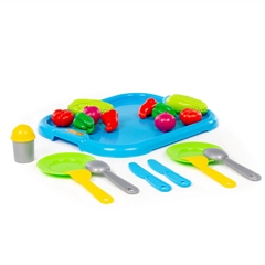 Zestaw naczyń dla dzieci z niebieską tacą i zestawem zakupowym (19 elem.) (w siatce)