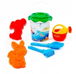 Zestaw Nr338: wiaderko z nalepką, sito Słonko, łopatka Nr5, grabki Nr5, foremki (wiewiórka + piesek), konewka mała Nr4