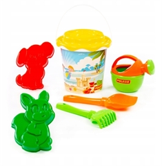 Zestaw Nr338: wiaderko z nalepką, sito Słonko, łopatka Nr5, grabki Nr5, foremki (wiewiórka + piesek), konewka mała Nr4