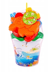 Zestaw Nr338: wiaderko z nalepką, sito Słonko, łopatka Nr5, grabki Nr5, foremki (wiewiórka + piesek), konewka mała Nr4