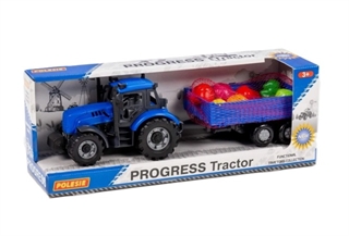 Traktor-ładowarka Progress inercyjny z przyczepą burtową (niebieski) + zestaw zakupowy (7 elementów) (w pudełku)